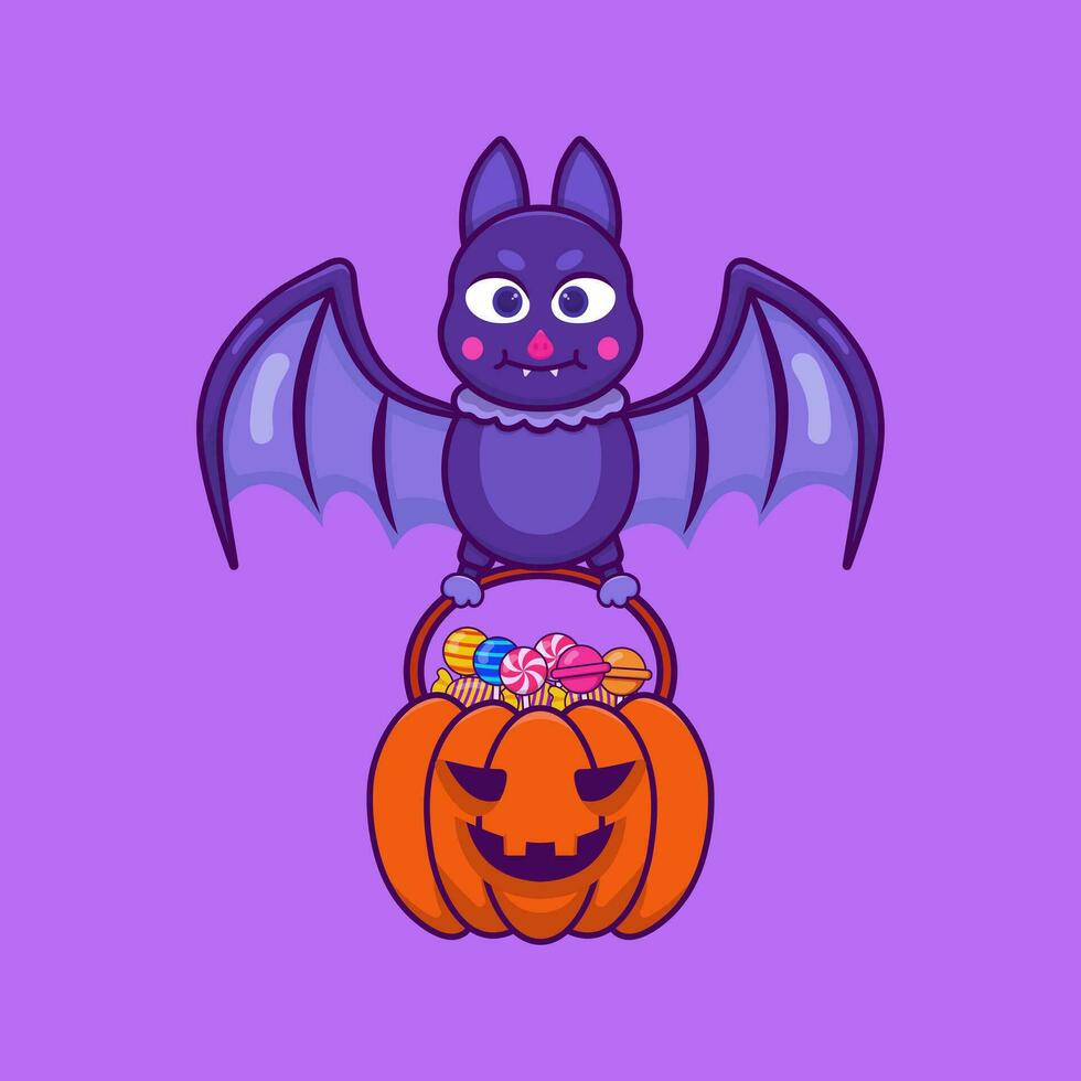 vector illustratie schattig halloween ontwerp knuppel draag- pompoen mand