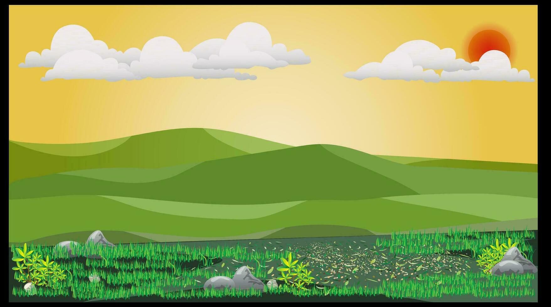 berg landschap vector kunst achtergrond. natuur gras veld- voorgrond. neergestreken zon met wolken.