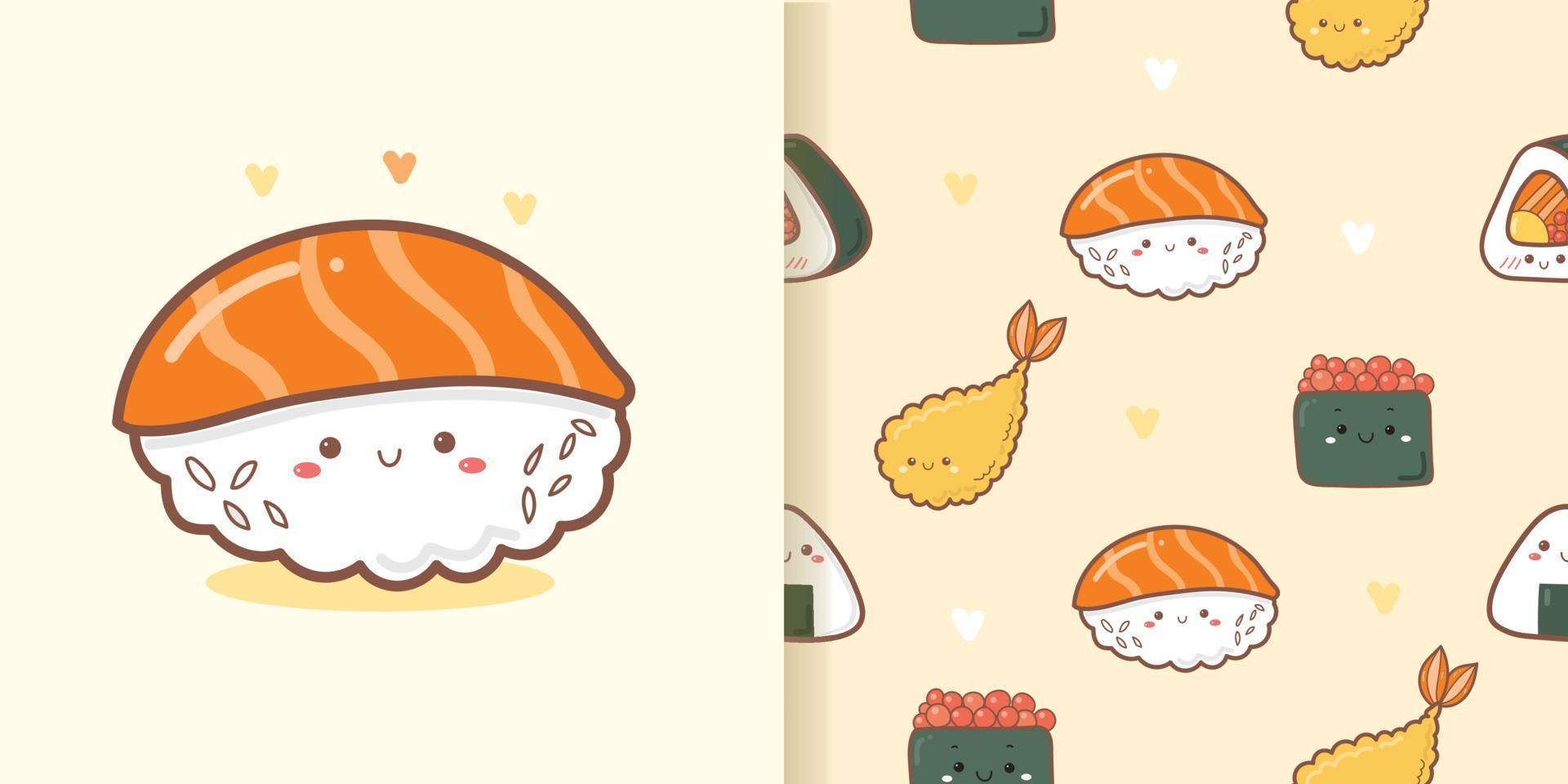 schattig sushi cartoon patroon naadloos met gele achtergrond. vector