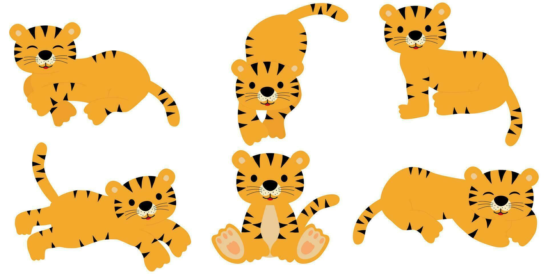 reeks van schattig tijger in verschillend poseert. de tijger staat, leugens, gaat, zit, slaapt, sprongen. vector illustratie