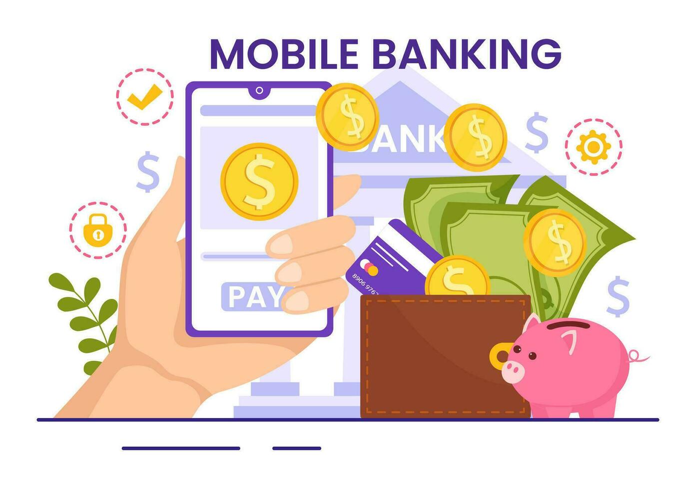 mobiel bank vector illustratie met portemonnee app voor betaling van telefoon en draadloze contant geld transactie door credit en debiteren kaarten in vlak achtergrond