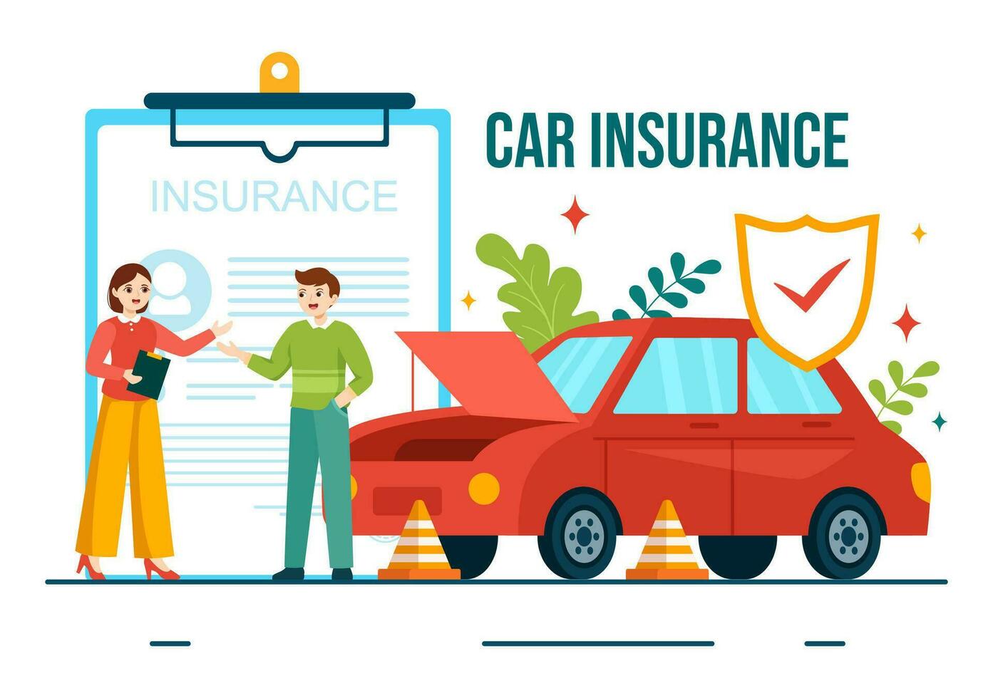 auto verzekering vector illustratie voor bescherming voor voertuig schade en noodgeval risico's met het formulier document en auto's in vlak tekenfilm achtergrond