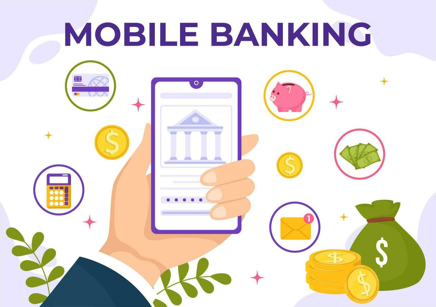 mobiel bank vector illustratie met portemonnee app voor betaling van telefoon en draadloze contant geld transactie door credit en debiteren kaarten in vlak achtergrond