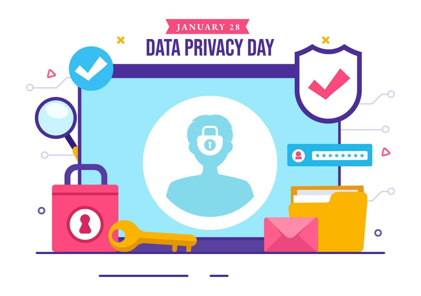 gegevens privacy dag vector illustratie Aan januari 28 met slot Aan de scherm voor schild informatie document in vlak tekenfilm achtergrond ontwerp