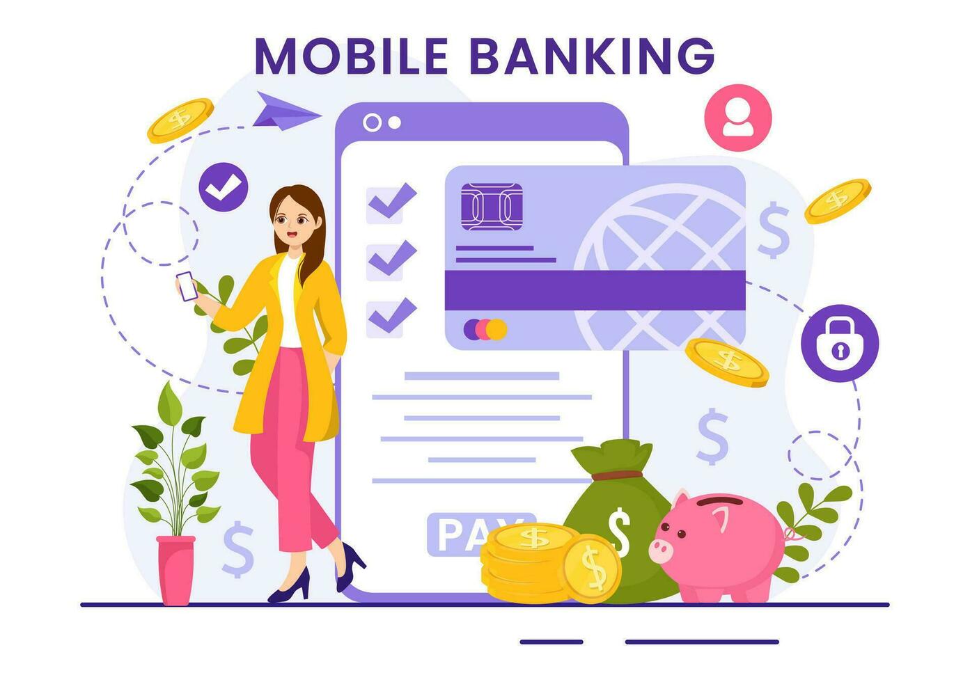 mobiel bank vector illustratie met portemonnee app voor betaling van telefoon en draadloze contant geld transactie door credit en debiteren kaarten in vlak achtergrond