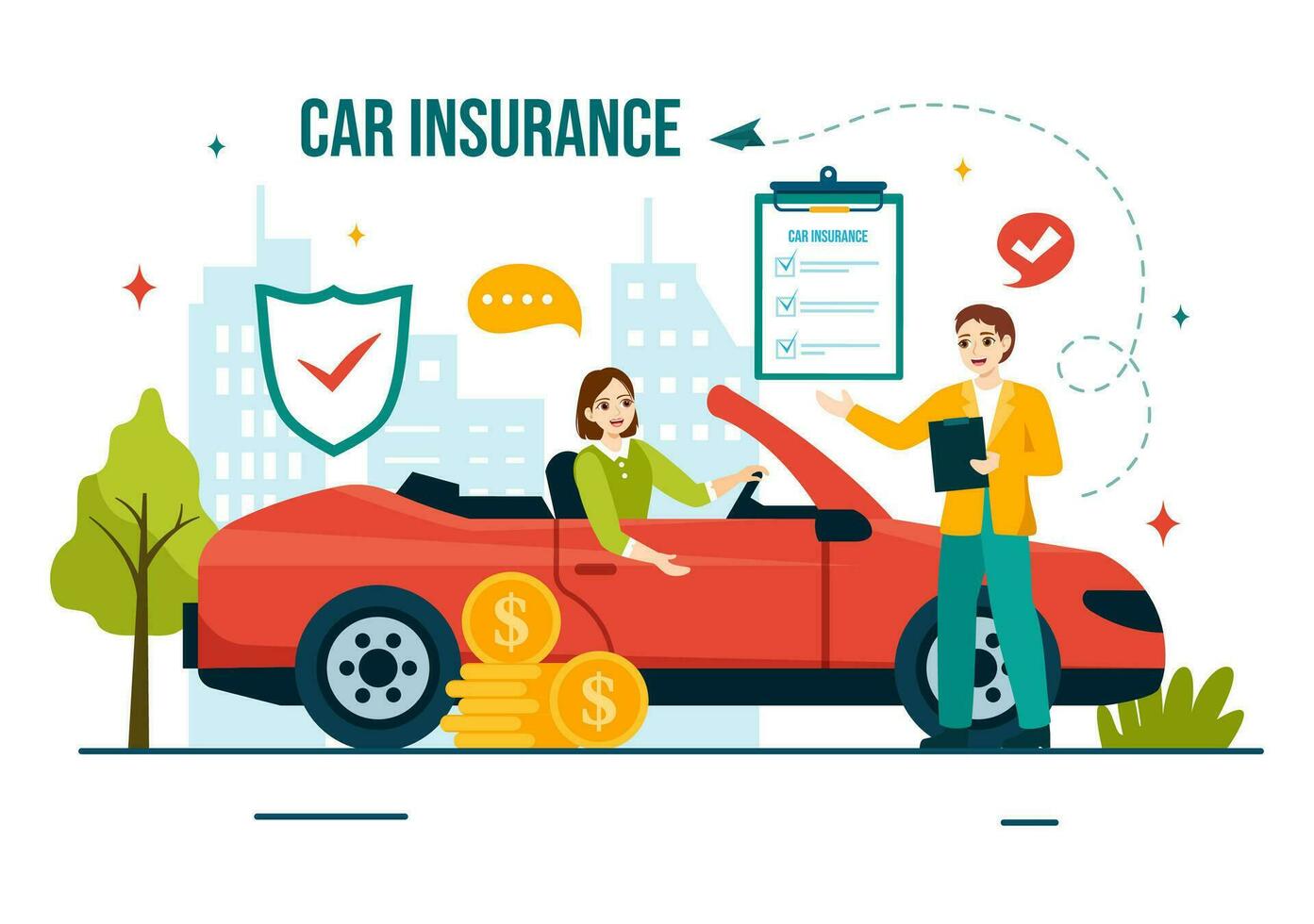 auto verzekering vector illustratie voor bescherming voor voertuig schade en noodgeval risico's met het formulier document en auto's in vlak tekenfilm achtergrond