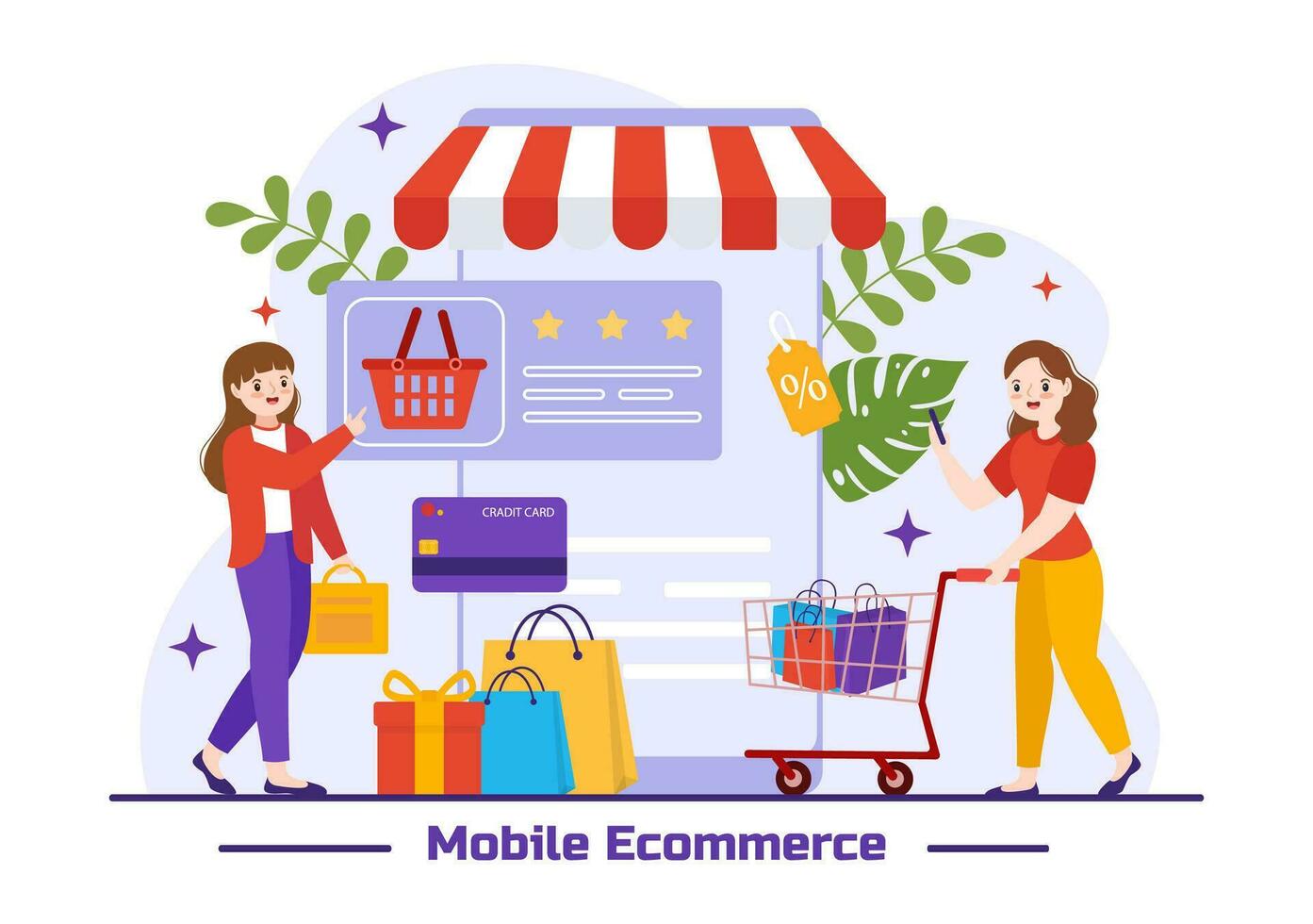 mobiel e-commerce vector illustratie van slim telefoon voor activiteiten van online boodschappen doen en digitaal afzet Promotie met zak en geschenk doos ontwerp