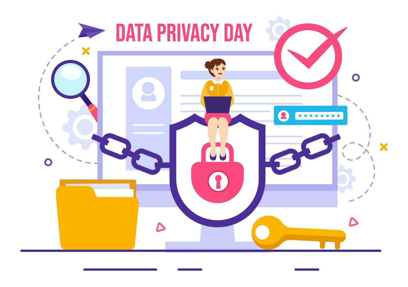 gegevens privacy dag vector illustratie Aan januari 28 met slot Aan de scherm voor schild informatie document in vlak tekenfilm achtergrond ontwerp