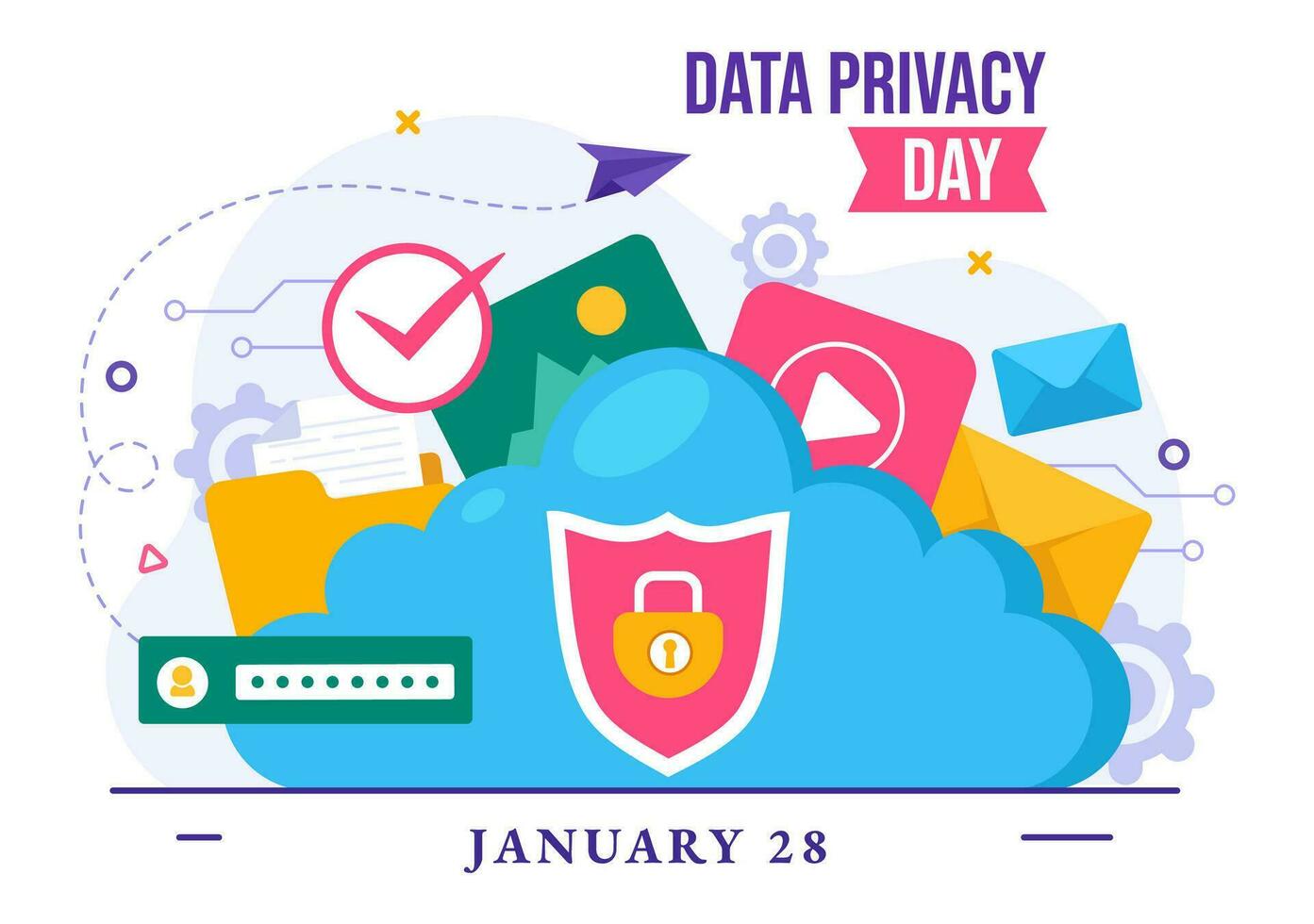 gegevens privacy dag vector illustratie Aan januari 28 met slot Aan de scherm voor schild informatie document in vlak tekenfilm achtergrond ontwerp