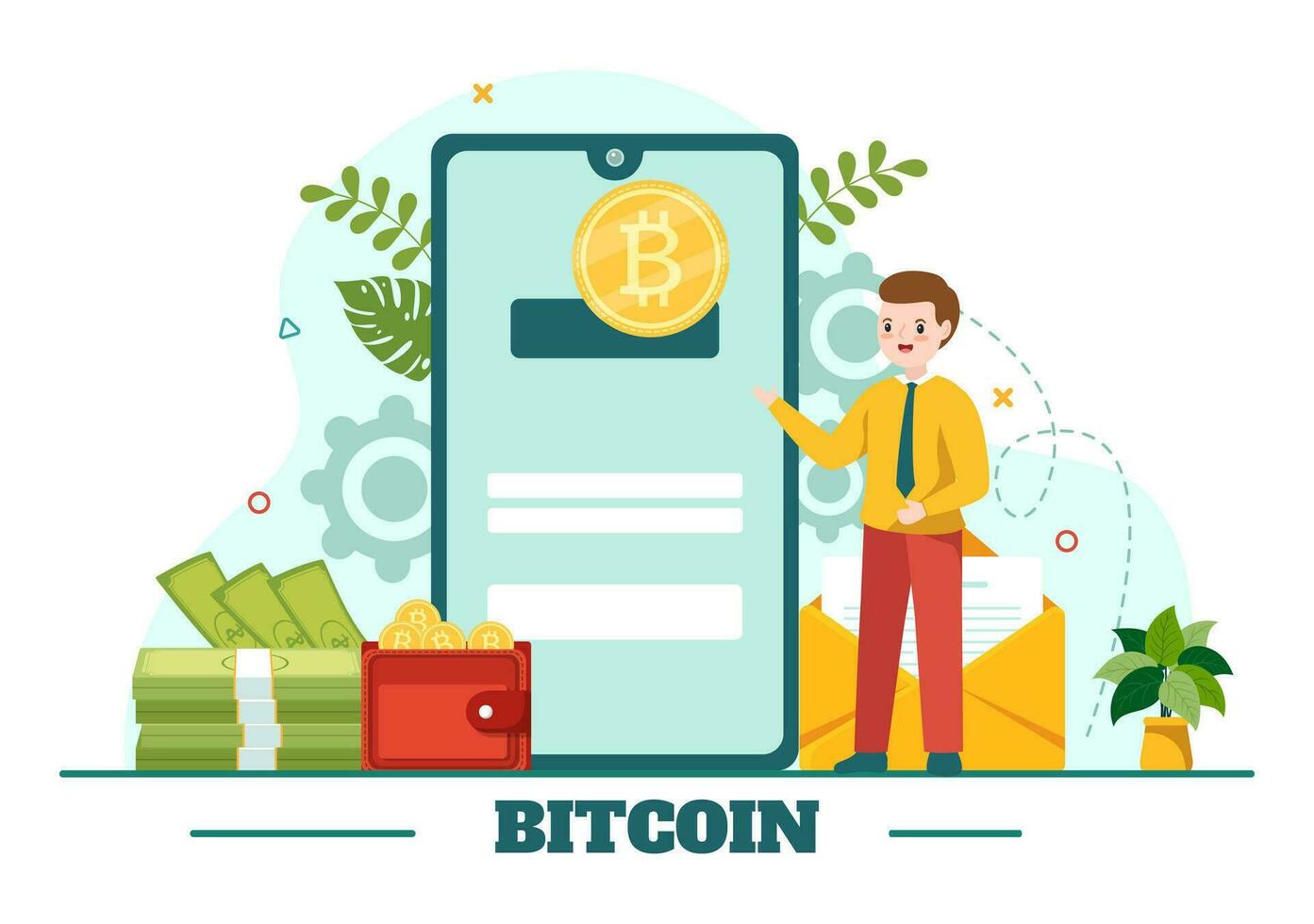 bitcoin vector illustratie met cryptogeld munten van blockchain technologie, kopen of verkopen handel, crypto markt uitwisseling waarde in vlak achtergrond