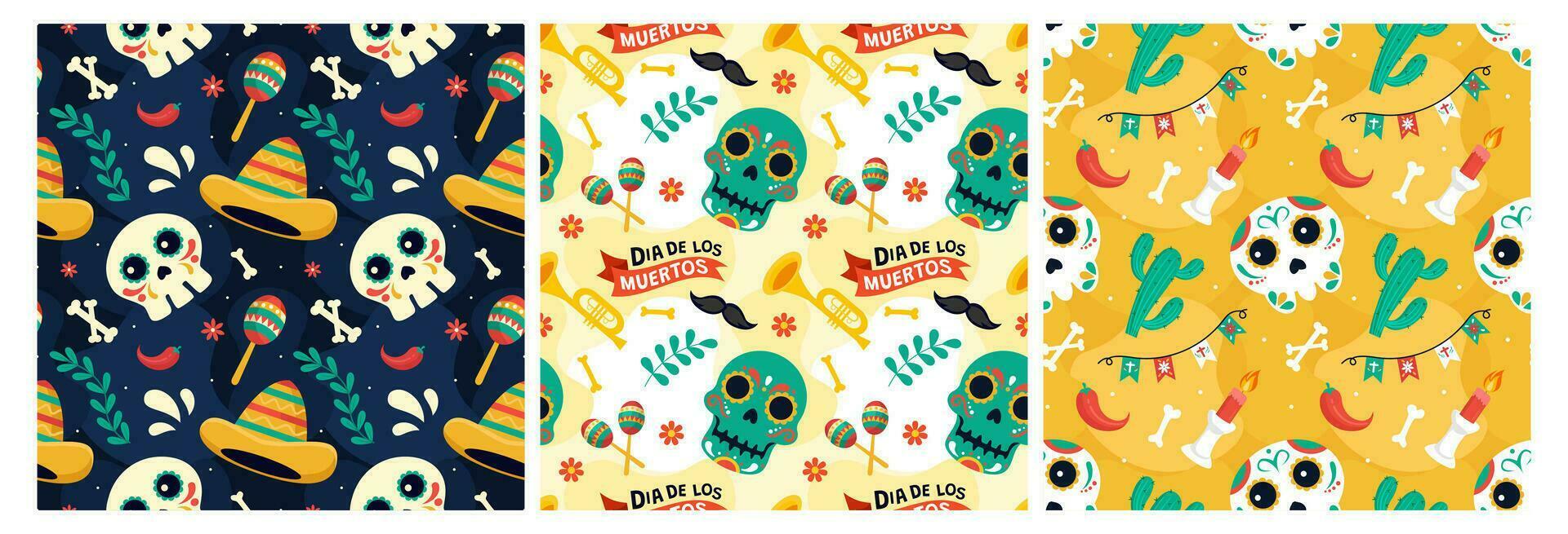 reeks van dia de Muertos naadloos patroon illustratie met dag van de dood en skelet element in Mexicaans ontwerp vector