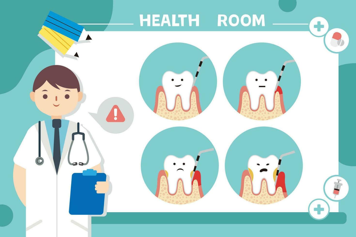 tandheelkundig zorg geleidelijk schade naar de tanden en tandvlees. gezondheidszorg vector concept. ziekenhuis personeel zorg illustratie