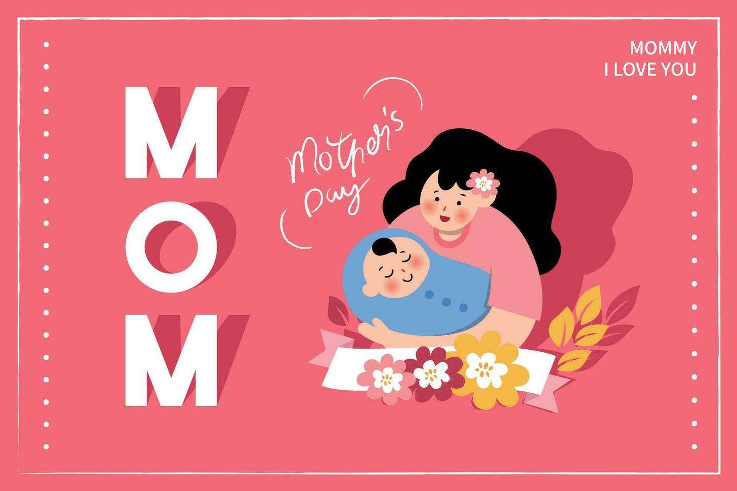 vector illustratie van vreugdevol viering van gelukkig moeder dag, moeder Holding baby omringd door bloemen