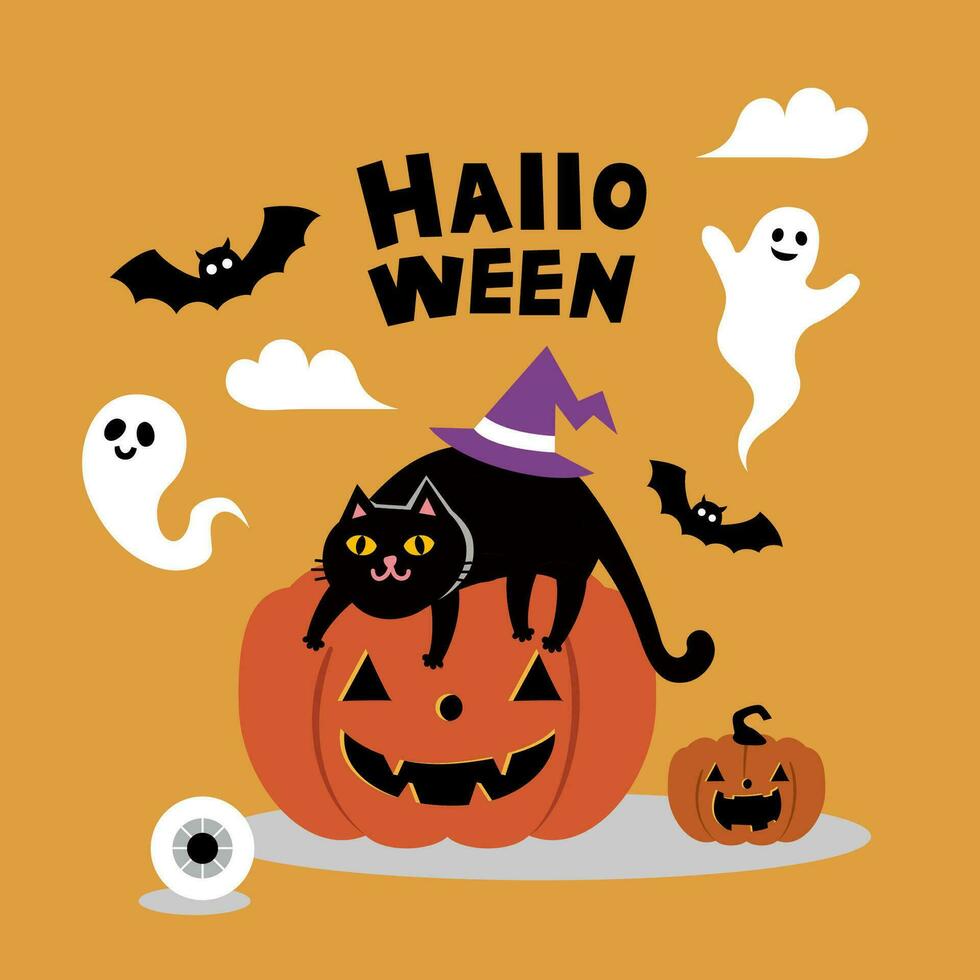 gelukkig halloween vector. magie elementen. pompoenen, geest, schedel, zwart kat. illustratie in vlak tekenfilm stijl. vector