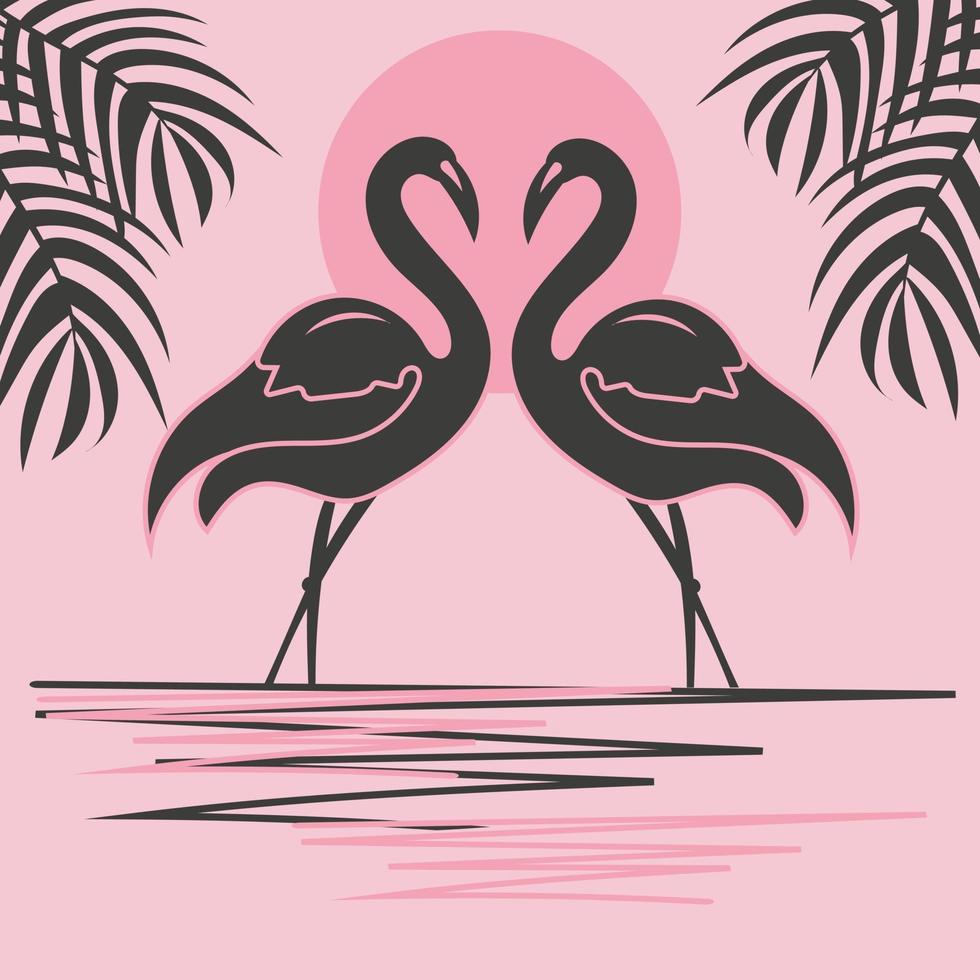 twee flamingo's bij zonsondergang, paar vogelsilhouetten vector