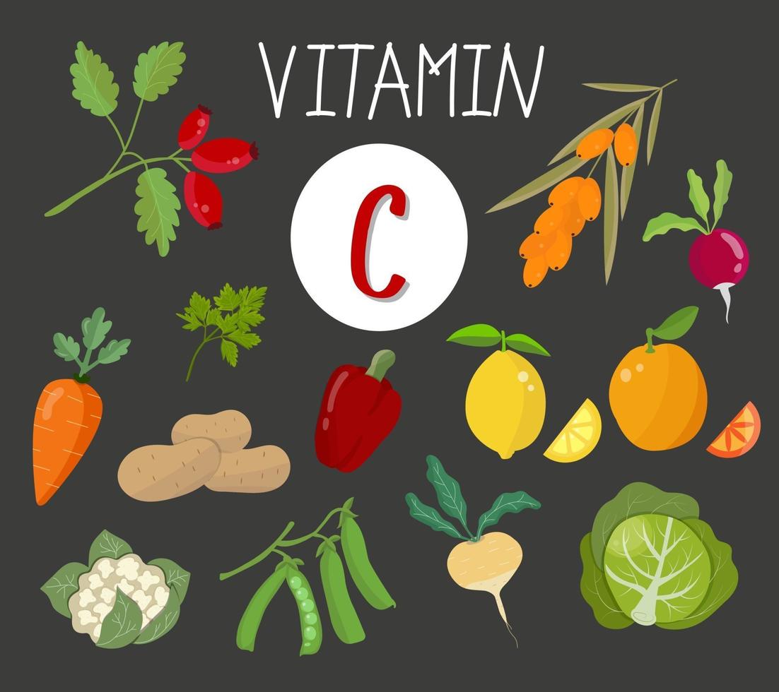 vitamine c, set van groenten, fruit en bessen vector