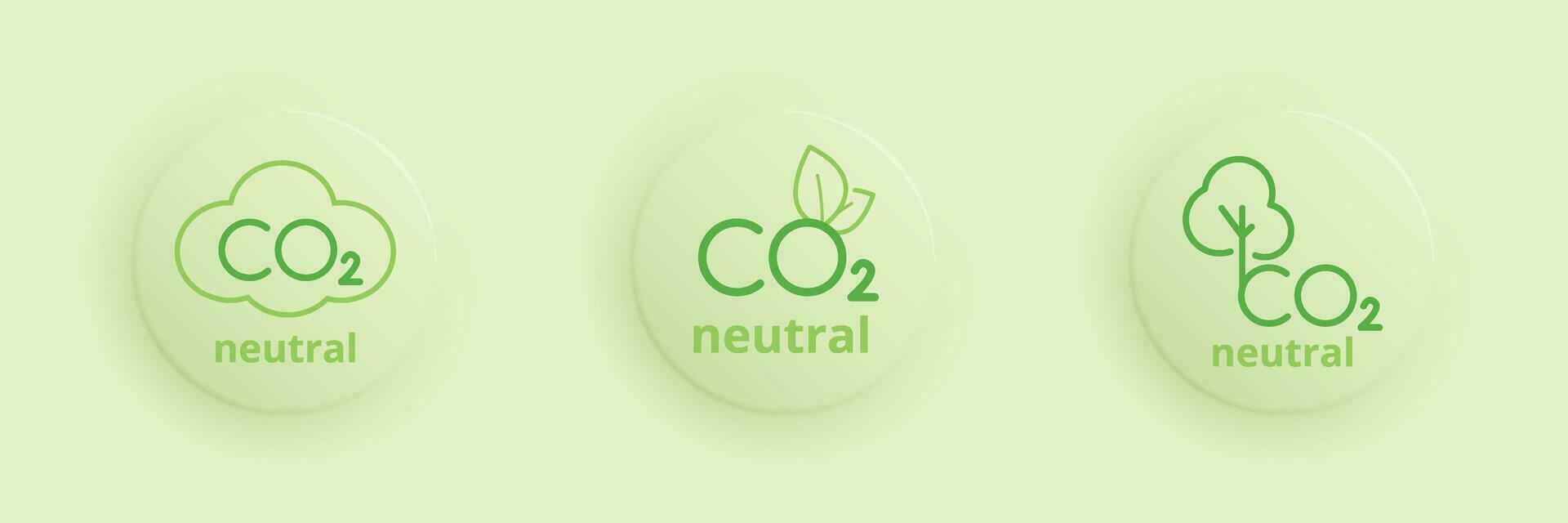 drie ronde logo neutrale co2. koolstof voetafdruk, niet nul, koolstof vermindering concept. vector illustratie