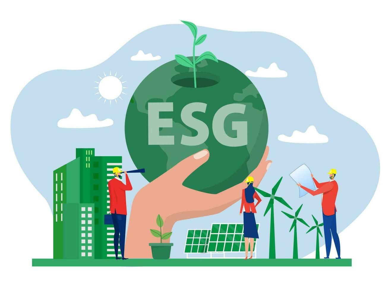 esg concept van milieu, sociaal en bestuur mensen delen de planeet aarde uitrusting met ecologie probleem esg hernieuwbaar, groente, veilig groen eco energie milieu vector