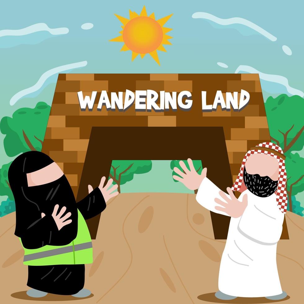 Arabisch paar dat welkom is bij ingang van themaparkillustratie vector