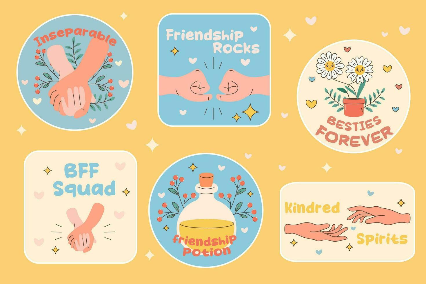 reeks van stickers over vrienden en vriendschap. hand- Holding hand, vuist stickers, clip art. vector