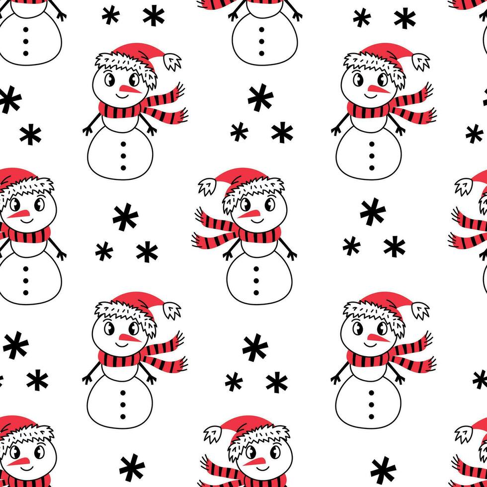 Kerstmis naadloos patroon met tekening sneeuwman en sneeuwvlokken vector