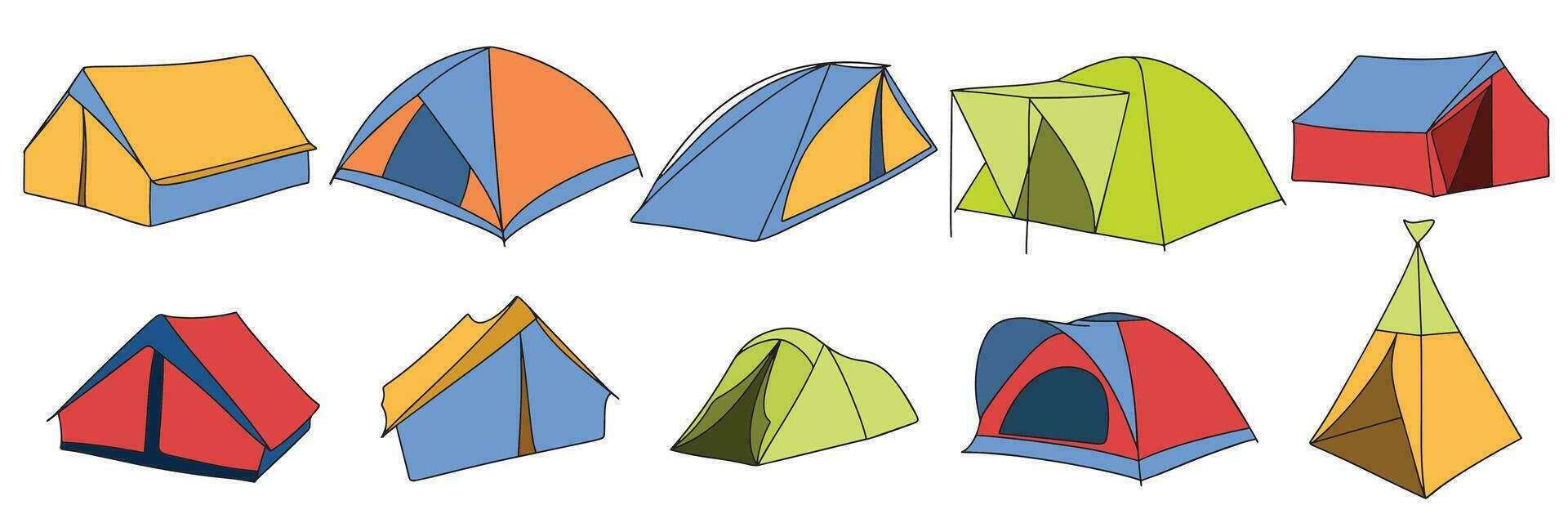 verzameling van tenten gekleurde schets. hand- getrokken tent in tekening stijl. reeks van schets tent kamp geïsoleerd Aan wit achtergrond. vector illustratie.