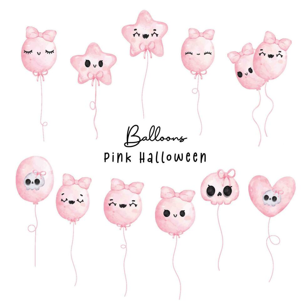 schattig roze halloween ballon verzameling met kawaii waterverf hand- tekeningen. vector