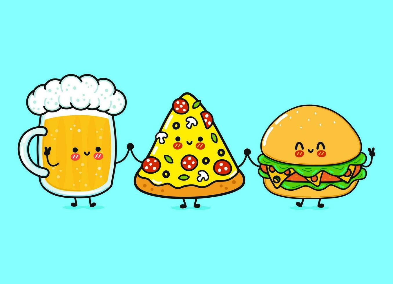 schattig, grappig vrolijk glas bier, pizza en hamburger. vector hand getekend kawaii stripfiguren, illustratie pictogram. grappige cartoon glas bier, pizza en hamburger mascotte vrienden concept