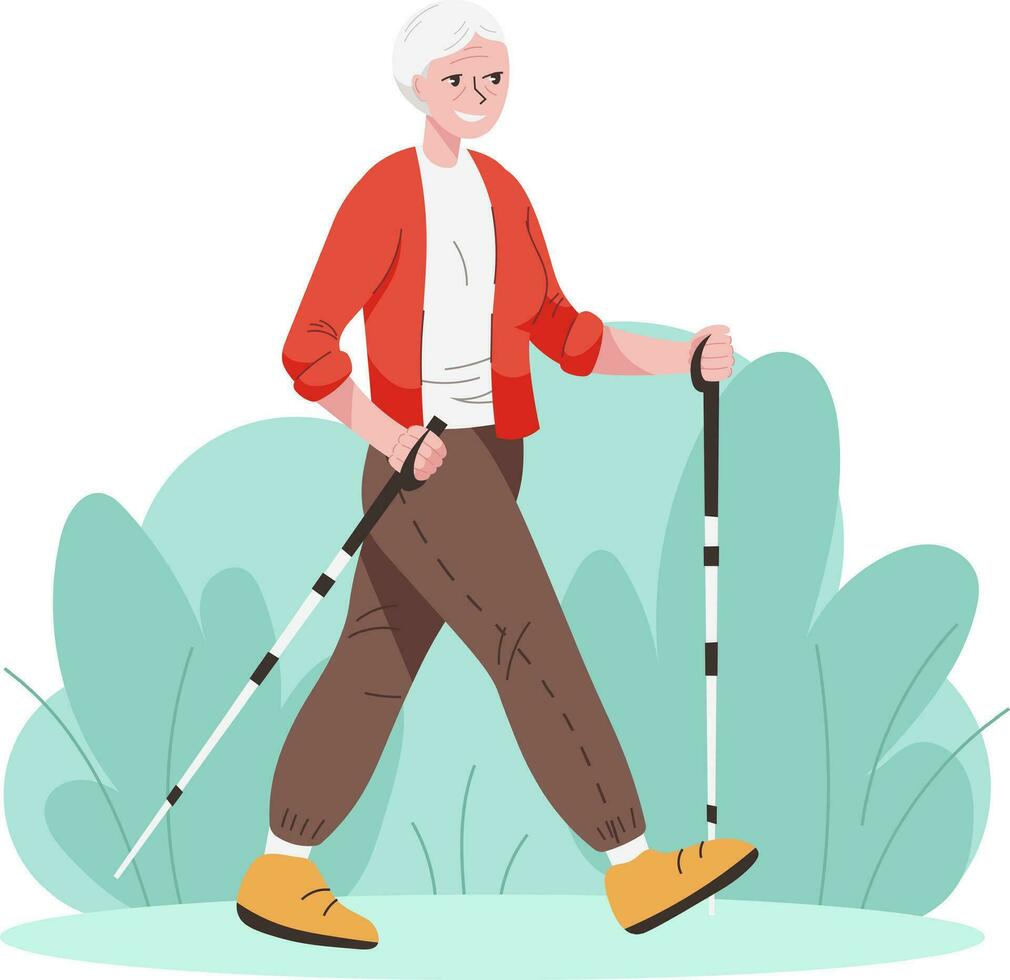 glimlachen oud vrouw houdt stokjes voor nordic wandelen. vector illustratie met vlak mensen Aan de thema van sport- voor senioren, oud mensen