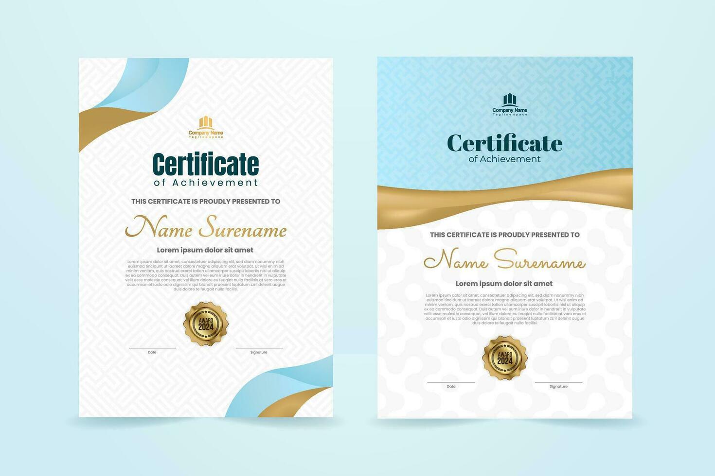 elegant luxe certificaat sjabloon ontwerp met oceaan blauw en gouden ornament. vector illustratie