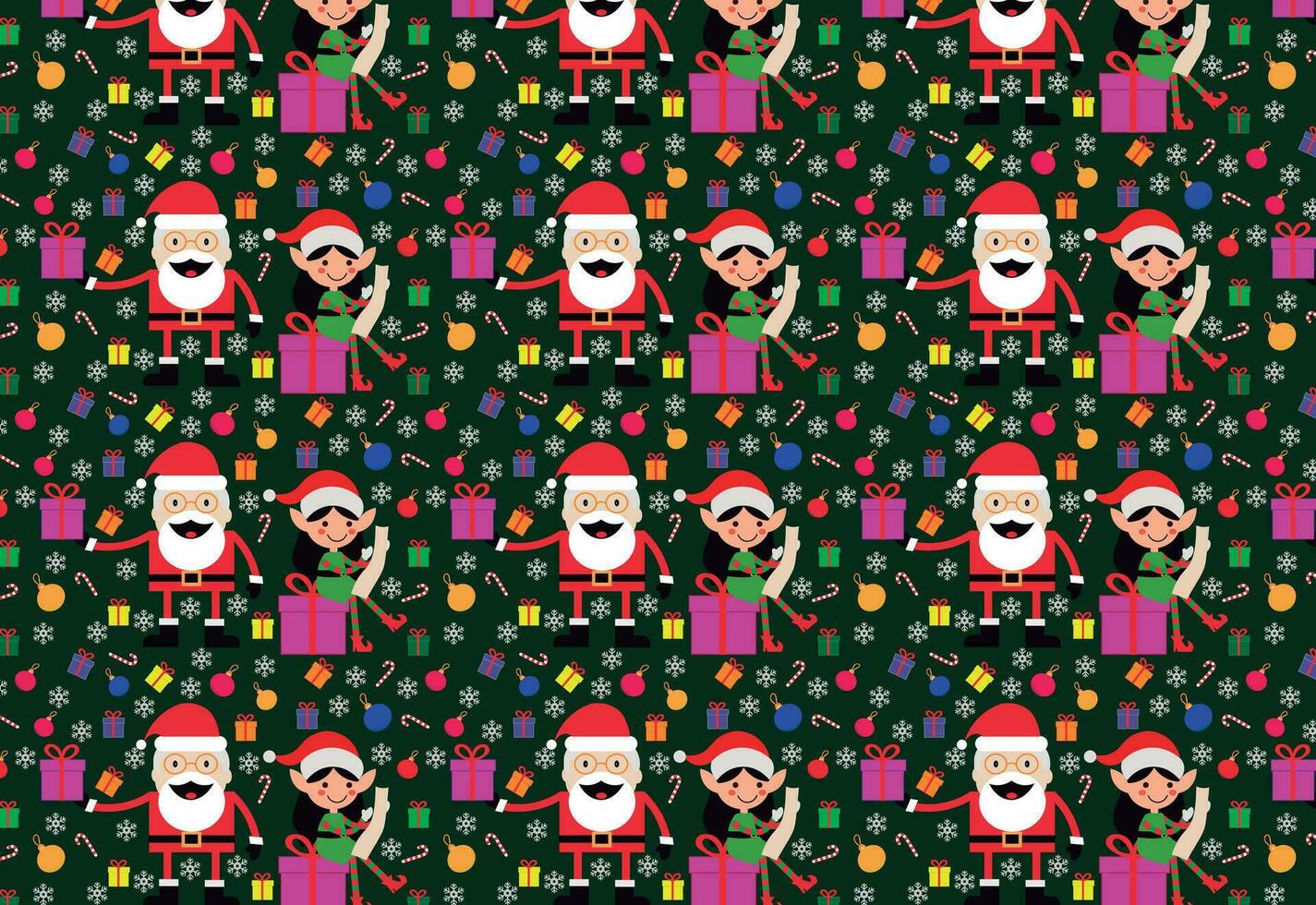 feestelijk donker groen Kerstmis patroon met de kerstman claus, helpers, kerstballen, sneeuwvlokken en geschenken. ideaal voor stoffen en papier afdrukken. vector