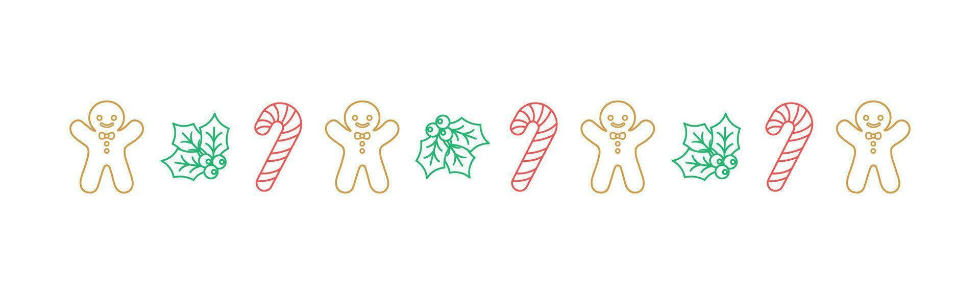 Kerstmis themed decoratief grens en tekst verdeler, peperkoek koekjes en snoep riet patroon schets tekening. vector illustratie.