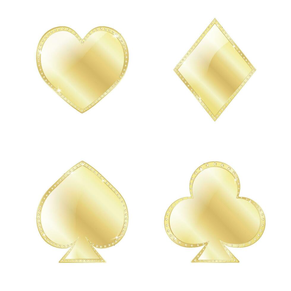 gouden kaart pakken harten, schoppen, diamanten, Clubs. geïsoleerd, versierd met vector diamanten. vector illustratie