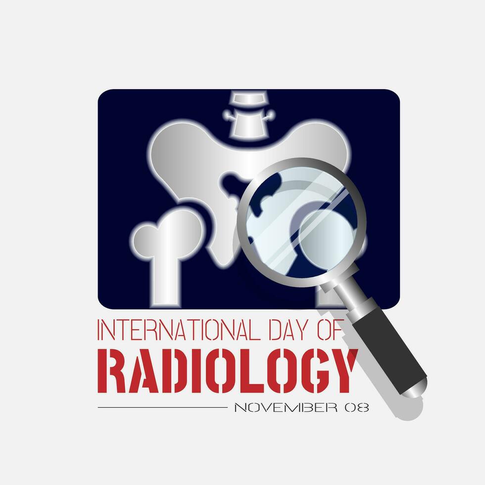 Internationale dag van radiologie met visie röntgenstraal afbeeldingen met een vergroten glas vector