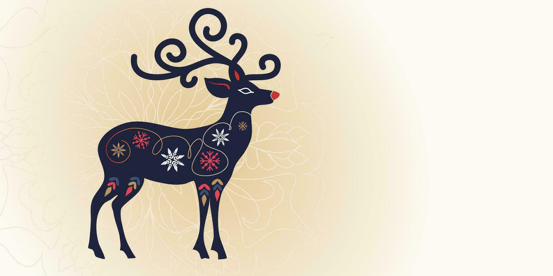gloeiend hert silhouet met ornament sneeuwvlokken, Kerstmis banier sjabloon met leeg ruimte voor tekst. Kerstmis ornament licht achtergrond vector