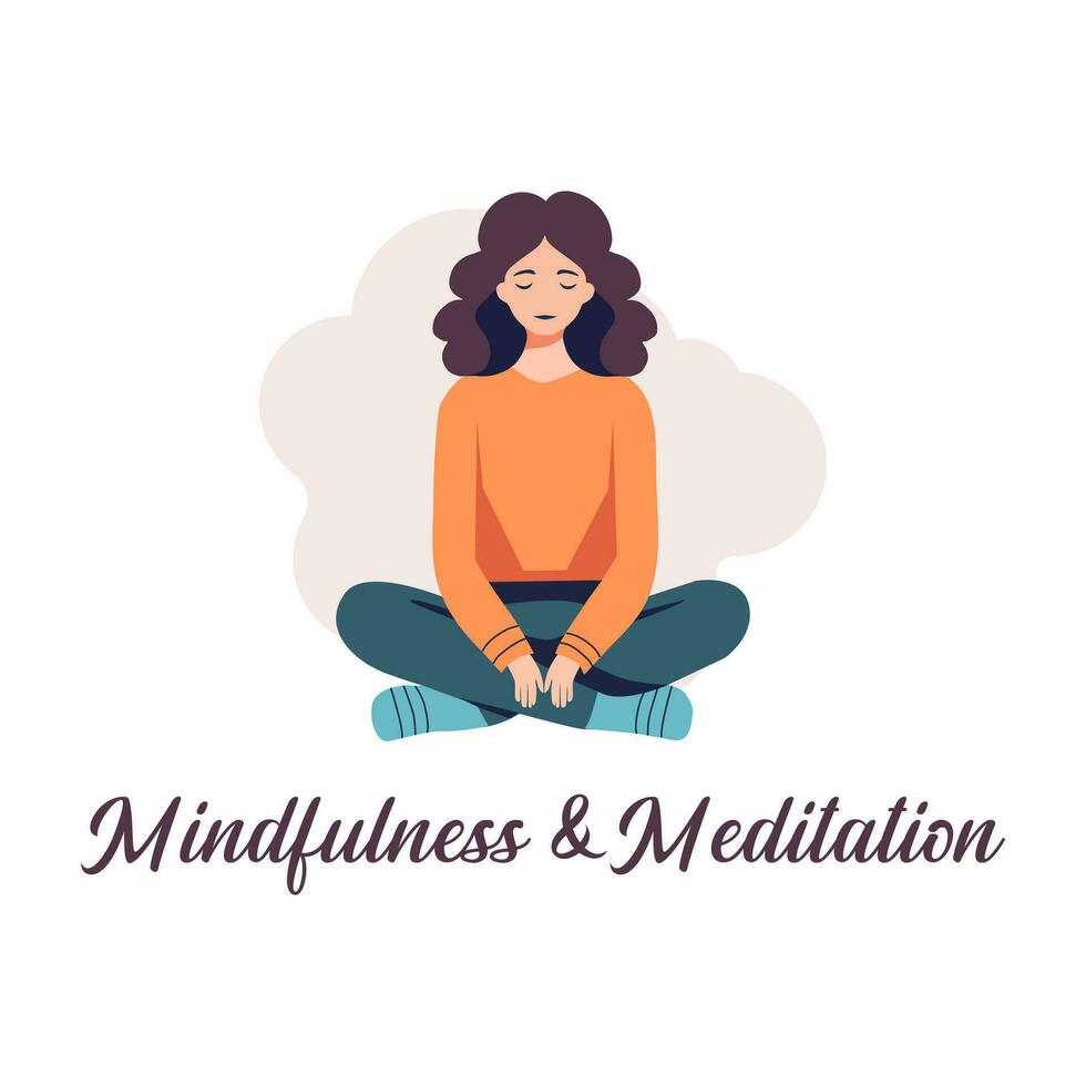 opmerkzaamheid en meditatie banier, meisje zittend in yoga lotus houding en mediteren. rust concept, mediteren Bij huis. mentaal Gezondheid. vector