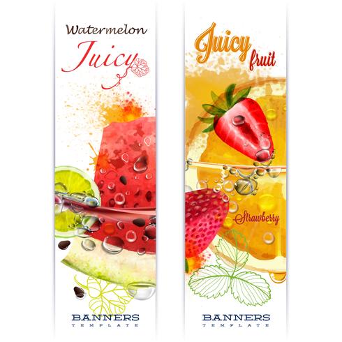 Banner met fruit in waterspetters en dalingen van watermeloen van het water de sappige fruit, aardbei, sinaasappel, kalk, waterverf, het werk van de auteur. vector