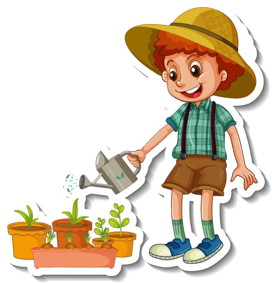 stickersjabloon met een geïsoleerd karakter van het stripfiguur van een jongen die een plant water geeft vector