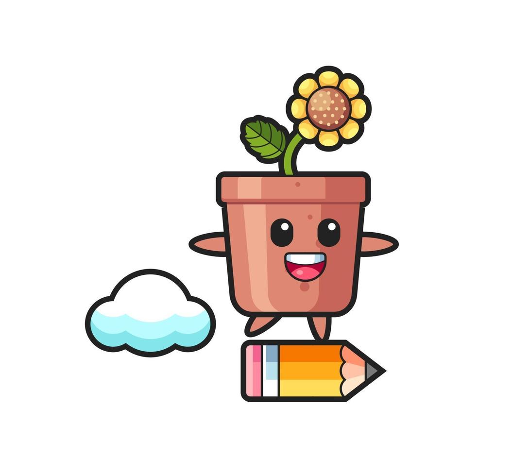 zonnebloempot mascotte illustratie rijden op een gigantisch potlood vector