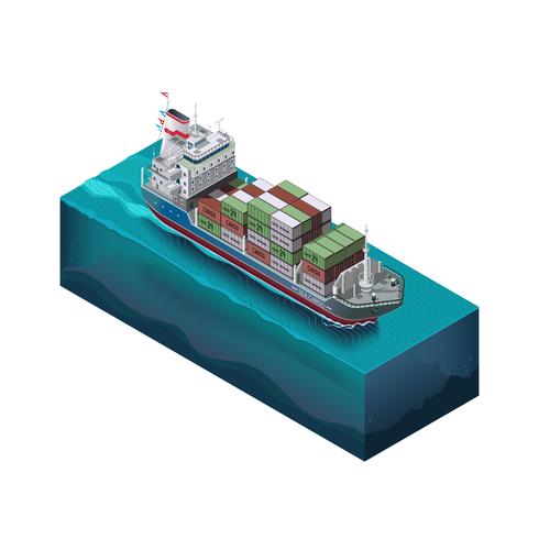 Aak met lading die op de oceaan vaart, het proces om containers in de haven te verschepen vector