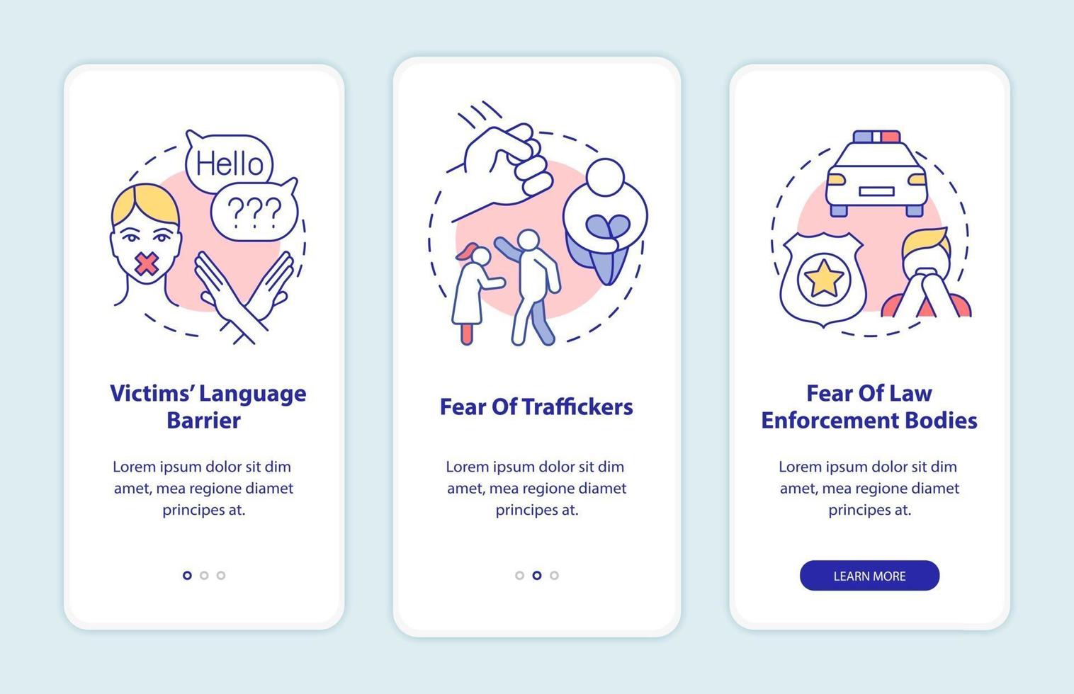 Slachtoffers mensenhandel onboarding mobiele app paginascherm vector