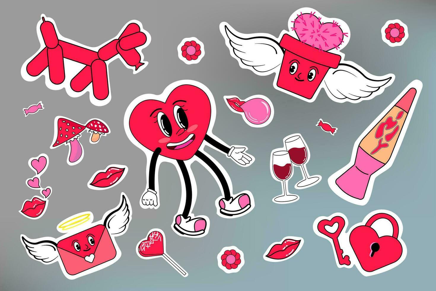 sticker set, retro y2k valentijnsdag dag, Super goed ontwerp voor kaarten, affiches, ansichtkaarten. wijnoogst schattig liefde vector. modieus groovy stijl, lippen en kauwgom, lava lamp en Liaan glas, cactus met karakter vector