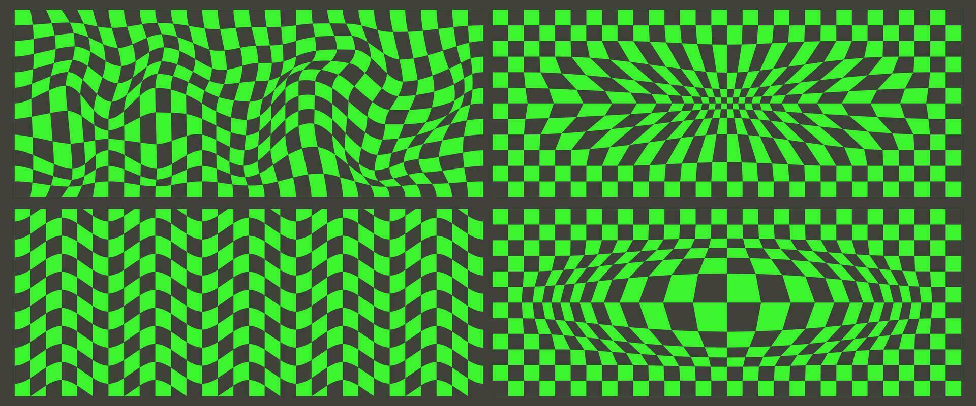 schaakbord patroon. zwart en groen psychedelisch golvend achtergronden set. abstract rooster kromtrekken textuur. y2k schaakbord enthousiast meetkundig ontwerp. vector illustratie.