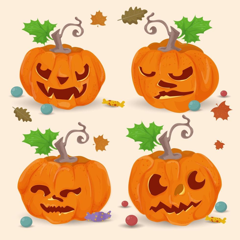 set van 5 van vier pompoenen vlakke afbeelding voor halloween vector