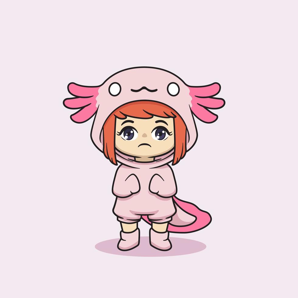 schattig kawaii-meisje in axolotl-kostuumkarakter vector