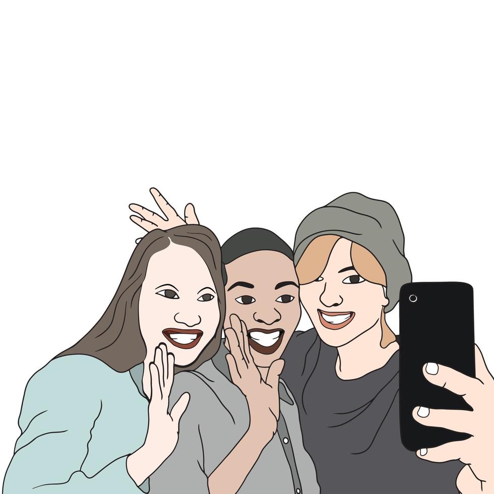 een groep meisjes die op selfies, vriendenmomenten, platte illustraties klikken vector