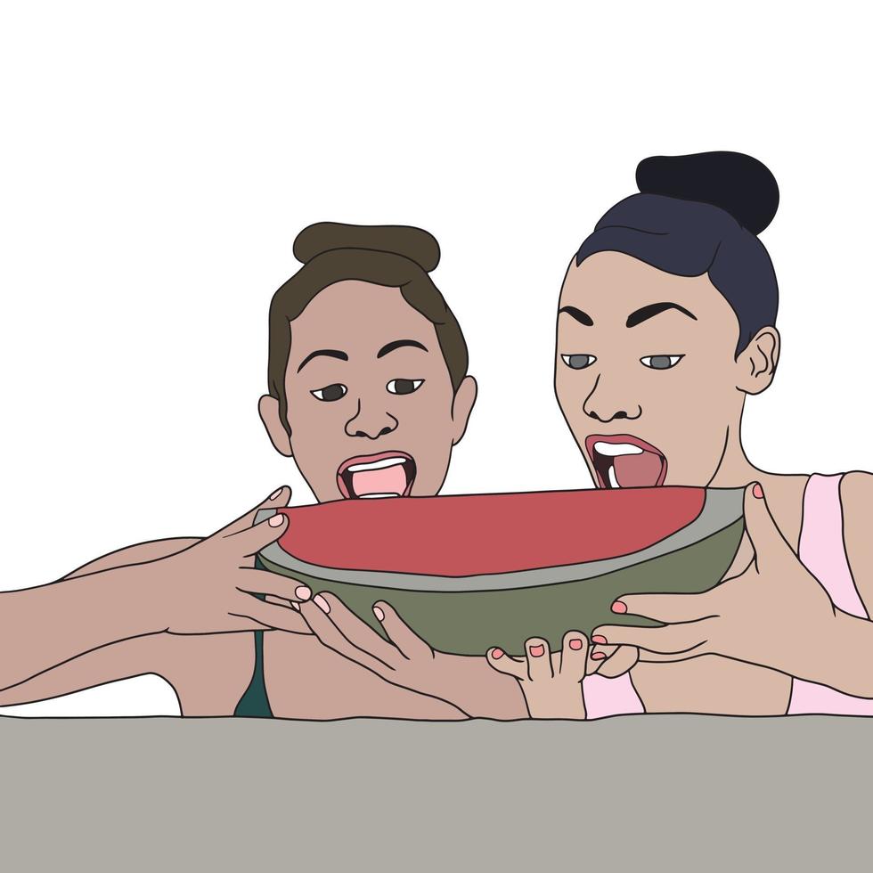 twee meisjes die watermeloen eten bij het zwembad, vriendenmoment vector