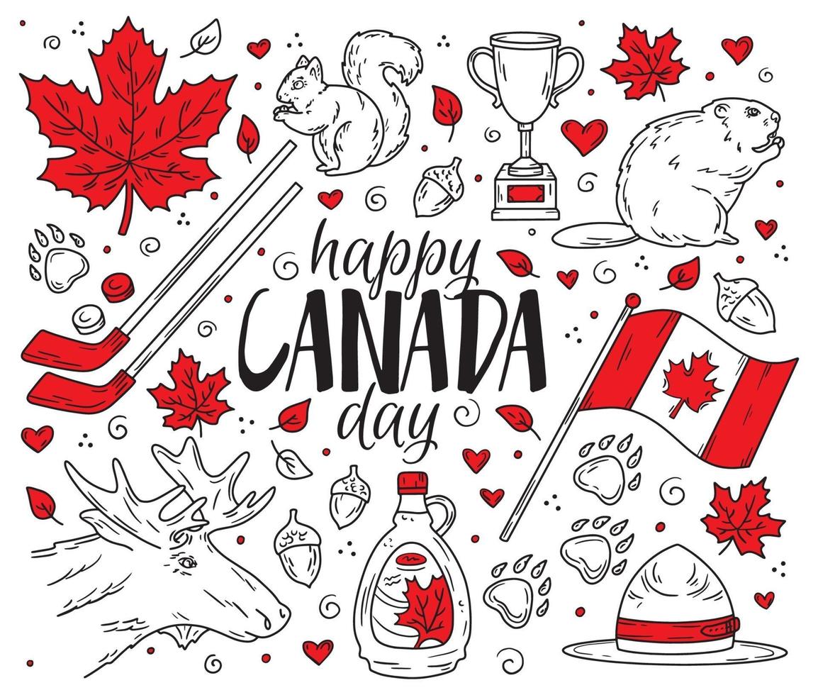 gelukkige nationale dag van Canada, een set pictogrammen in doodle-stijl vector