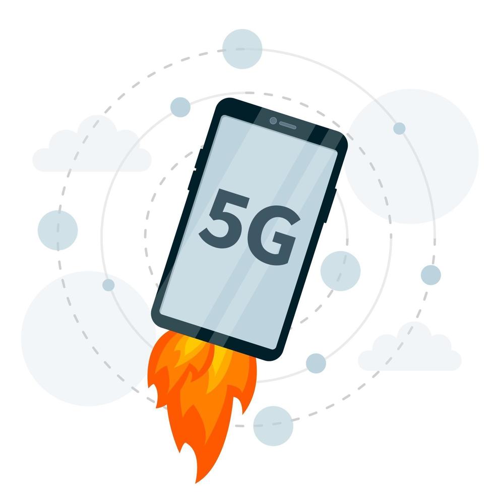 5g is razendsnel en smartphone vliegt vector