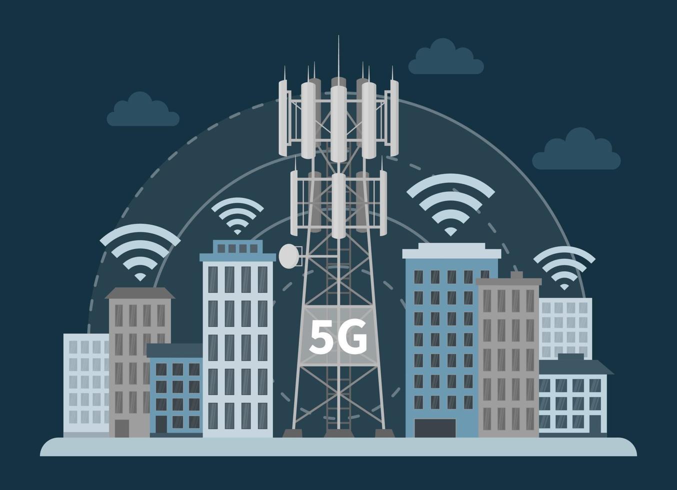 5g-torenbasisstation in innovatieve slimme stad vector